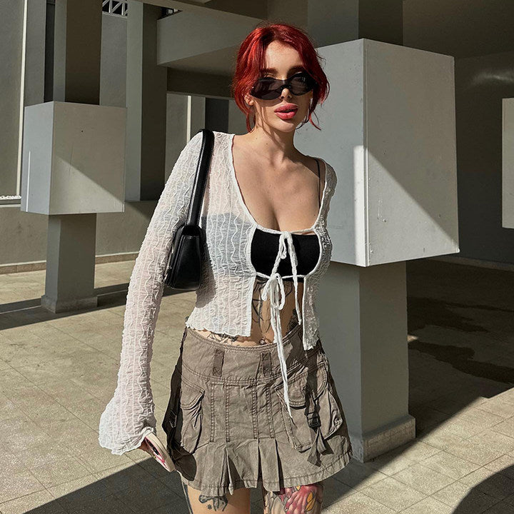 Trendy Sheer Knit Tie Front Crop Top Fashionable Retro Style Mesh Top