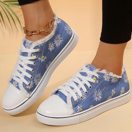 Floral Print Canvas Sneakers Casual Flat Canvas Shoes Flowers Lace-up Flowers Print Loafers Women Walking Shoes