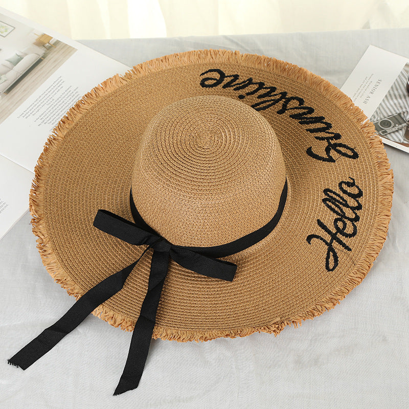 Lace Up Large Brim Straw Hat Beach Caps Women