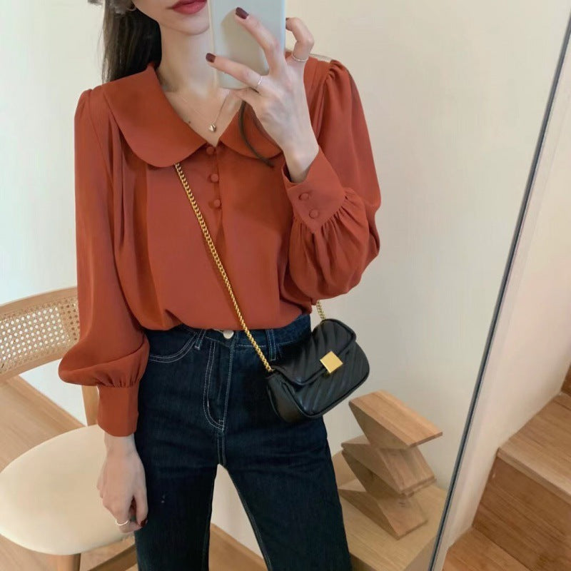 Peter Pan Collar Blouse – Vintage-Inspired Long Sleeve Button-Up Shirt for Women Doll Collar Chiffon Shirt Puff Sleeve Top