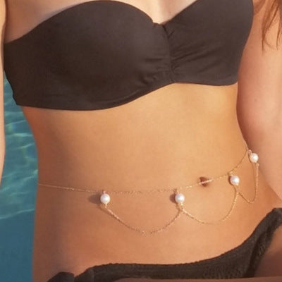 Elegant Pearl Dangle Belly Chain Pearl Double Layer Metal Waist Chain