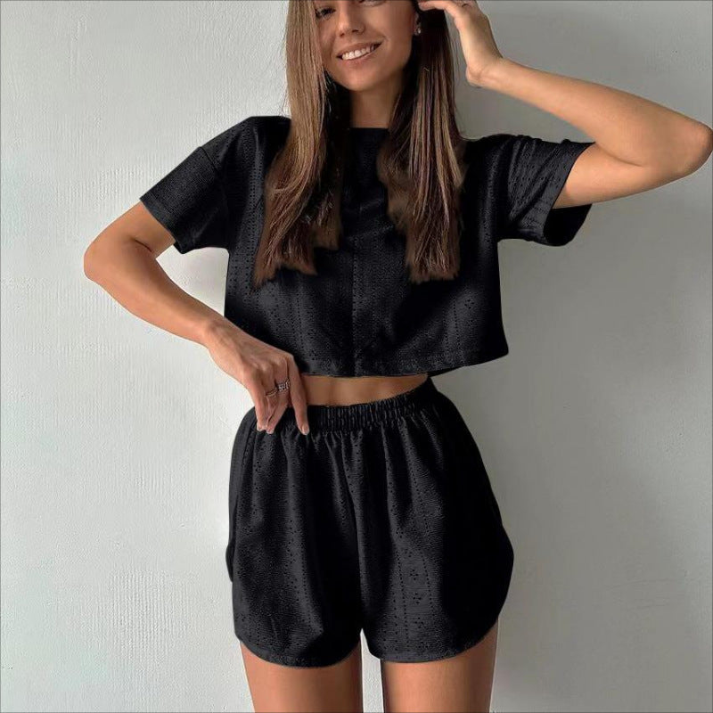 2pcs Casual Hollow Suit With Short-sleeved Crop Top And Elastic Slit Shorts Summer Fashion Sport Clothing For Women's
