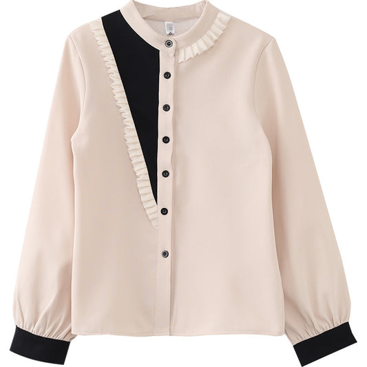 Elegant Two-Tone Ruffled Blouse - Beige & Black Korean style contrast lace long sleeve top