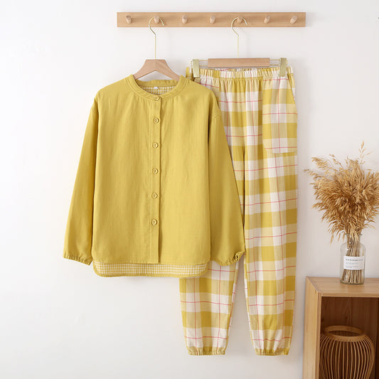 Classic Notch Collar Top & Checkered Bottoms PJs Color Woven Double Gauze Couple Cotton Pajamas Set Day Round Collar Long Sleeve Four Seasons Thin Men And Women Home