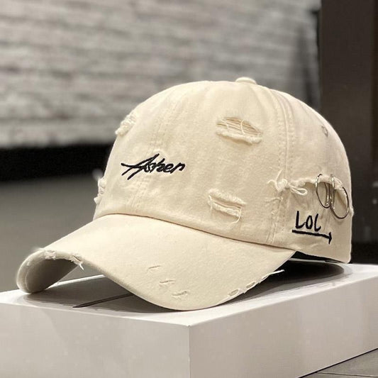 Korean Distressed "LOL" Embroidered Baseball Cap Ins Retro Tattered Jeans Soft Peaked Cap Women