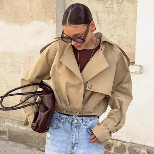 Khaki Double Breasted Blazer Collar Coat