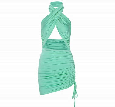 Bodycon Strappy Halter Club Dress with Front Cutout Solid Color Hanging Neck Sexy Backless Dresses