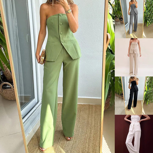 Chic Strapless Blazer Set – Elegance with a Modern Twist Graceful Tube Top Suit Fashion Button Sleeveless Top And Straight Pants Women's Trousers Set