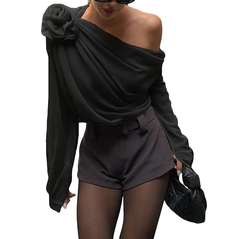 Off Shoulder Tops Elegant Long Sleeve Asymmetrical Neck Ruched Chiffon Blouse Shirts Going Out Top Y2k Shirts