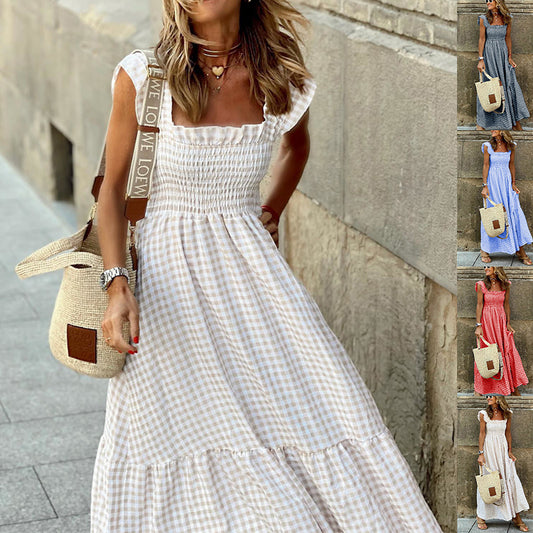 Gingham Smocked Maxi Dress – Effortless Charm in Every Color Summer Plaid Print Pleated Ruffle Dress INS Fashion Sleeveless A-line Swing Beach Dress Women's Clothing