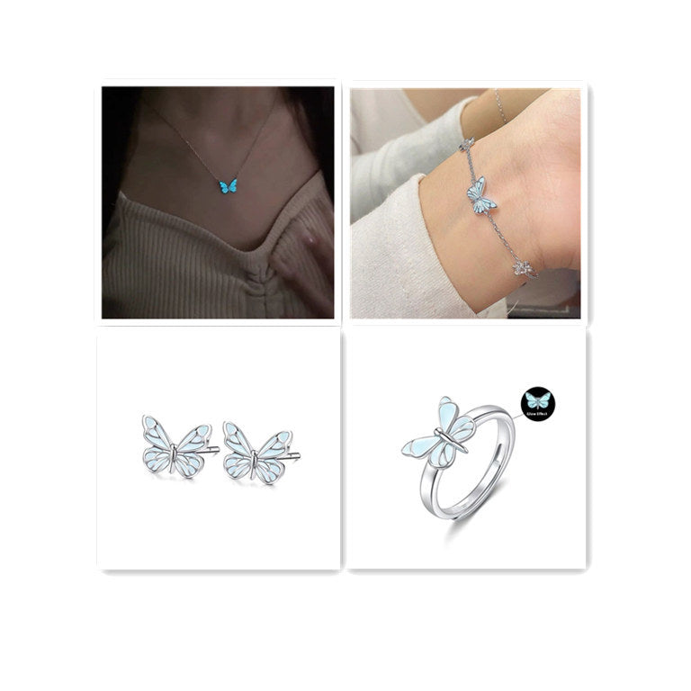 Enchanting Glow-in-the-Dark Butterfly Necklace & Bracelet Set Fashion Blue Luminous Butterfly Necklace Bracelet Set For Glow In The Dark Women Clavicle Chain Choker Party Jewelry Set Gift