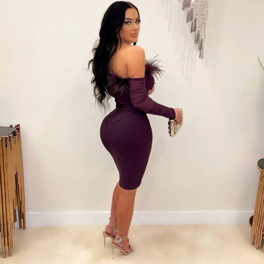 Mid-length Knitted Feather Short Bodycon Dress