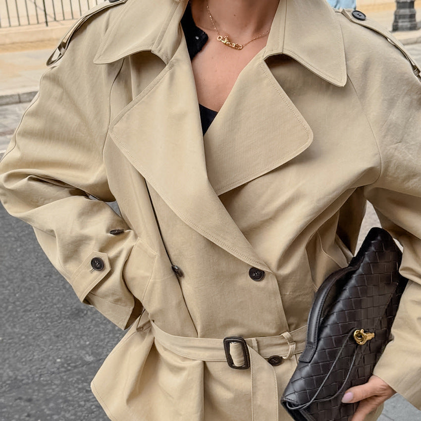 Long-sleeved Lapel Lace-up Waist-controlled Mid-length Trench Coat