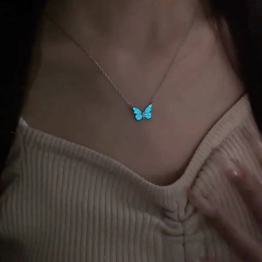 Enchanting Glow-in-the-Dark Butterfly Necklace & Bracelet Set Fashion Blue Luminous Butterfly Necklace Bracelet Set For Glow In The Dark Women Clavicle Chain Choker Party Jewelry Set Gift