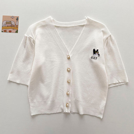 Korean Style Cat Embroidery Design Temperament V-neck Cardigan Top