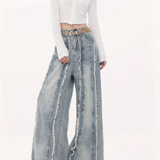 Raw Edge Design Wide Leg Jeans For Women Loose Straight Floor-length Pants