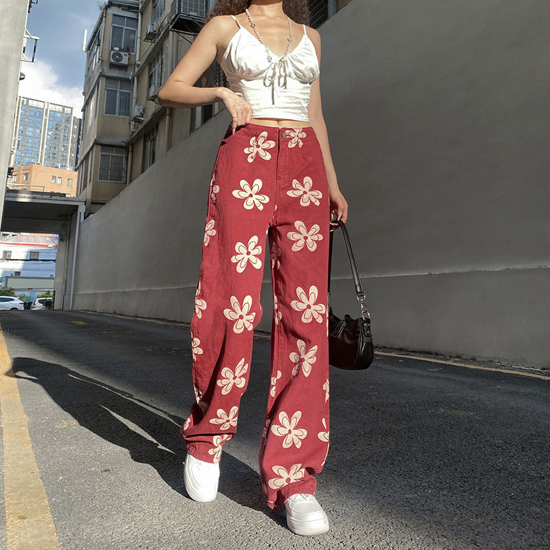Bloom Boldly, Walk Loudly Fashion Printed Sexy Low-rise Wide-leg Jeans Women