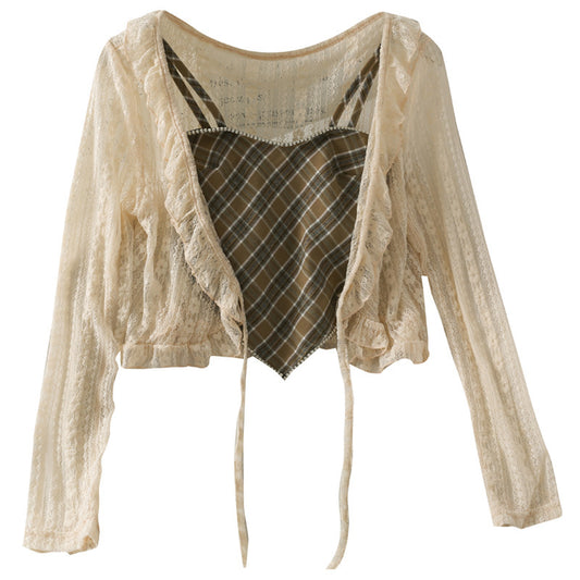 Short Bellyband Camisole Lace-up Ruffled Loose Lace Sunscreen Shirt