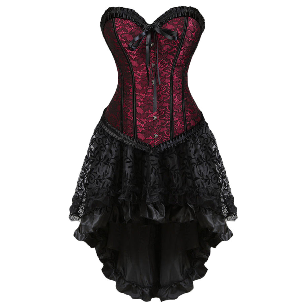 Gothic Steampunk Corset Dress with High-Low Lace Skirt Classic Flounce Jacquard Adjustable Court Body Shaping Two-piece Suits Flocking Luxury Dress