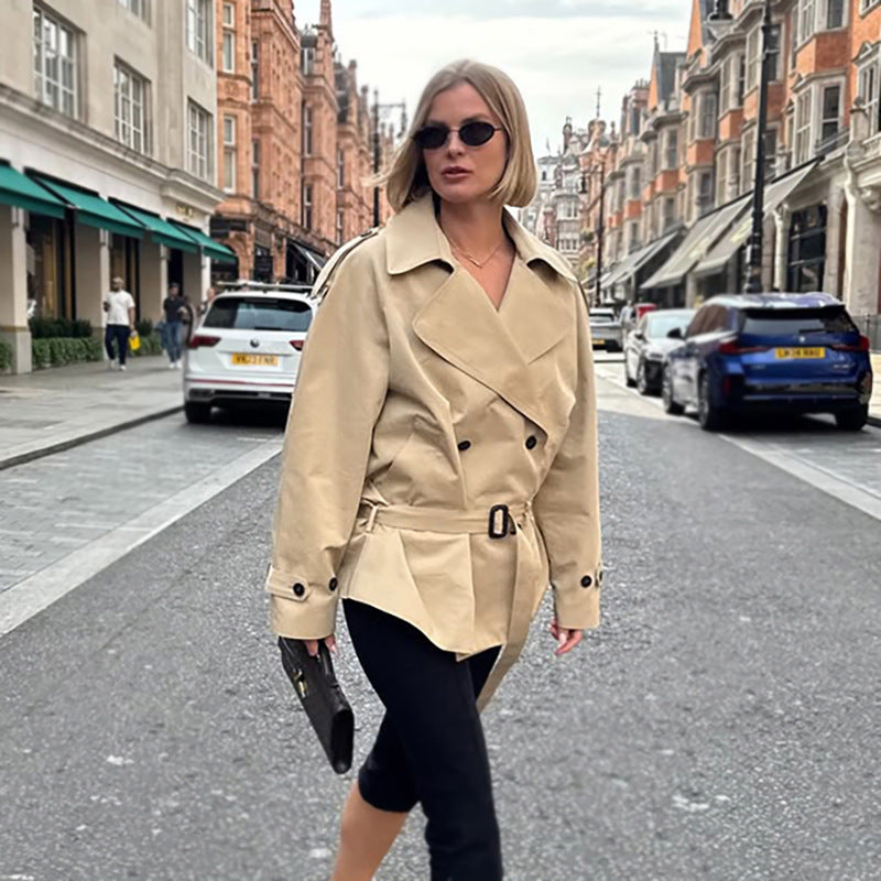 Long-sleeved Lapel Lace-up Waist-controlled Mid-length Trench Coat