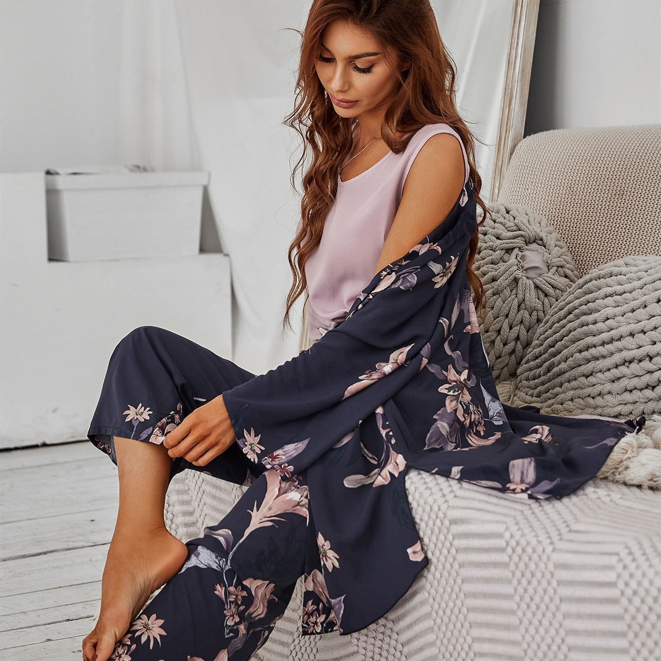 Chic 3-Piece Floral Print Kimono Robe, Cami & Pajamas Set  Women Viscose Floral Printed Female Loose Sleepwear Nightwear