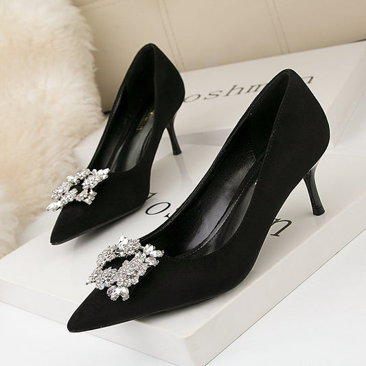 Rhinestone Buckle Pointed Toe Heels Women Pointed Toe Fashion High Heel Shoes