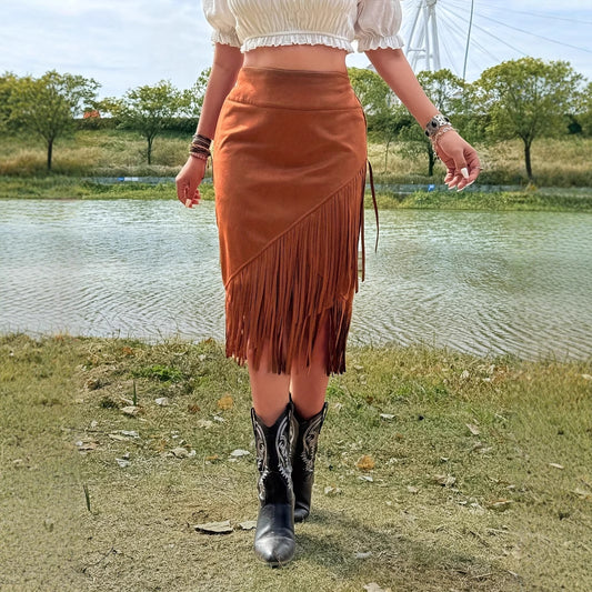 Fashionable Casual Solid Color Asymmetrical Tassel Hem A-line Skirt