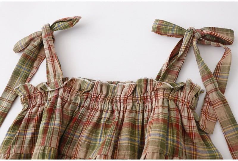 Summer New Mori Girl Bow Tie-neck Plaid Spaghetti-strap Camisole Top For Women's