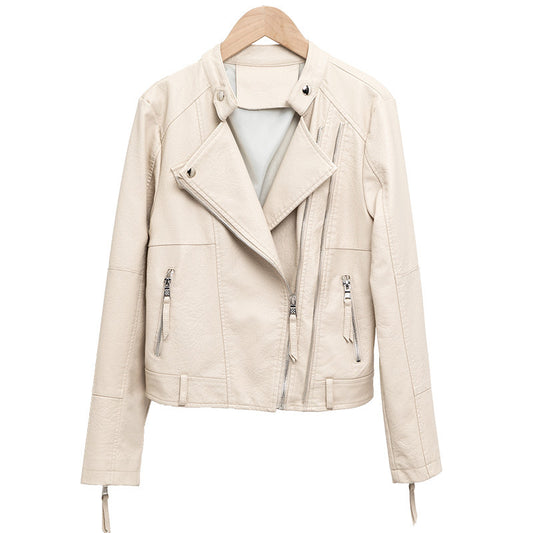 Cream Leather Short Aesthetic Jacket For Women's