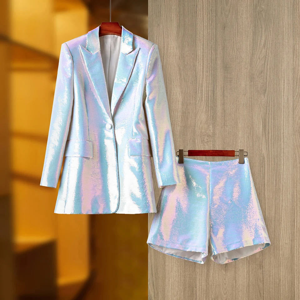 Dazzling Sequin Blazer & Shorts Two-Piece Set Suit Coat Shorts Fashion Suit Two-Piece Suit