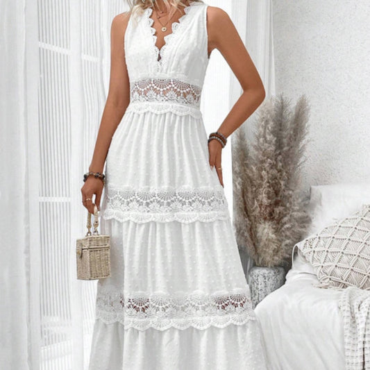 Lace Stitching V-neck Sleeveless Dress For Women's