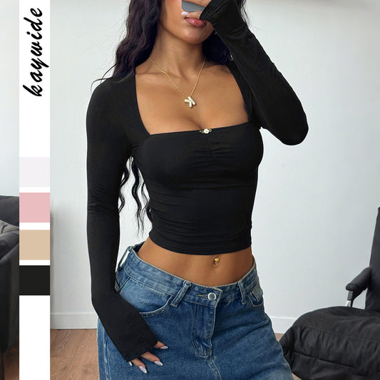 Solid Color Long-sleeved Bottoming Shirt T-shirt Top For Women's