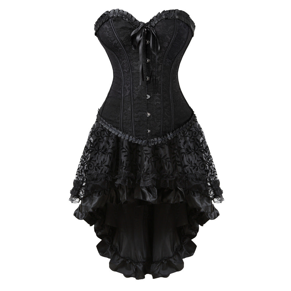Gothic Steampunk Corset Dress with High-Low Lace Skirt Classic Flounce Jacquard Adjustable Court Body Shaping Two-piece Suits Flocking Luxury Dress