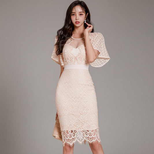 Elegant Lace Midi Temperament Banquet Dress – Chic Cape Sleeve Cocktail Look Lace For Women's