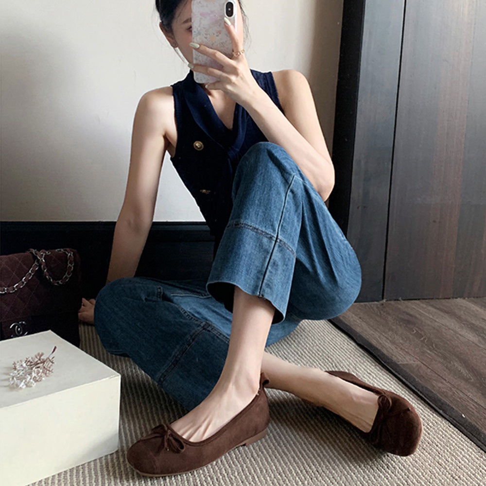 Round-toe Ballet-style Bowknot Soft Surface Low-cut Flat Shoes