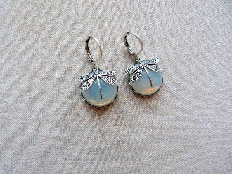 Vintage Inspired Dragonfly Dangle Earrings with Iridescent Cabochons