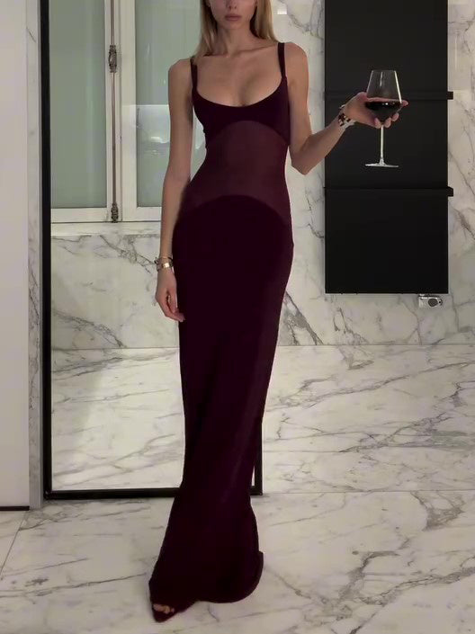 Sophisticated Spaghetti Strap Bodycon Gown Burgundy Mesh Patchwork Suspender Dress
