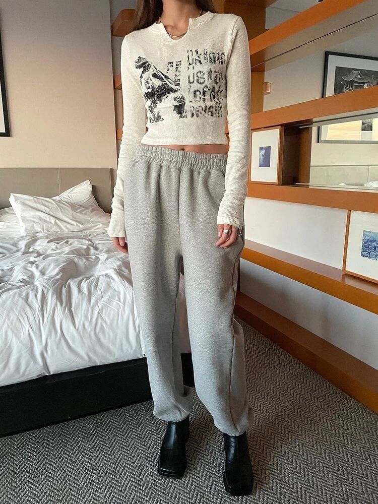 Design Crack Distressed Print Cropped Navel Slim Fit Long Sleeves