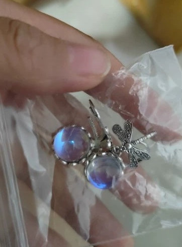 Vintage Inspired Dragonfly Dangle Earrings with Iridescent Cabochons