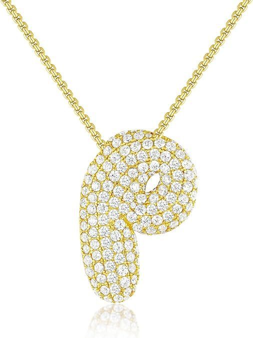 Custom Initial Necklace | Sparkle Alphabet Pendant Brass Zircon Balloon English Letter Necklace