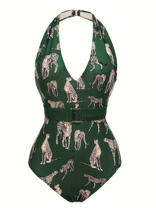One-piece Swimming Suit With Belt, Leopard Print, With Neck Tie, Back Exposed, One-piece Swimsuit In Beach Style
