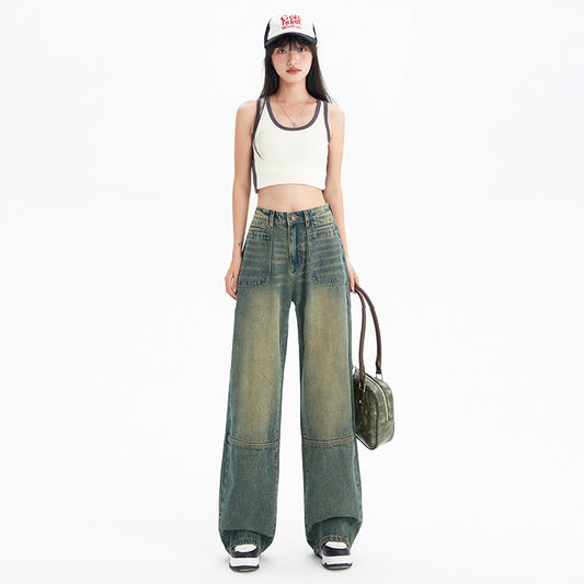 Baggy Cargo Jeans – Washed Vintage Green, Wide Leg Fit Fashion American Stitching Jeans For Women