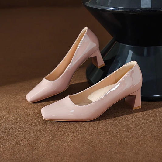 Classic Style High Heel Patent Leather Square Toe Light Luxury French Shoes