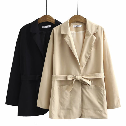 Elegant Long Sleeve Blazer Jacket with Belt - Workwear & Casual Korean style plus size ladies casual top