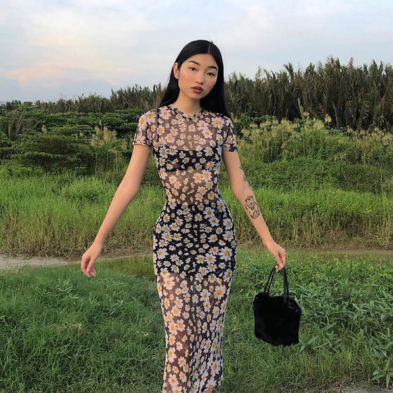 French Retro Slim Mesh See-Through Daisy Dress