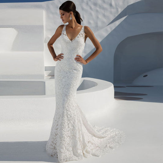 Deep V Sexy Lace Backless Sexy Party Dress Sleeveless White Trailing Dress