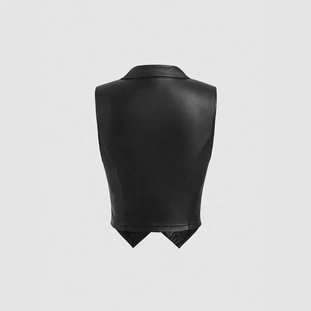 Leather Suit Collar Short Shipment Button Vest Top For Women's