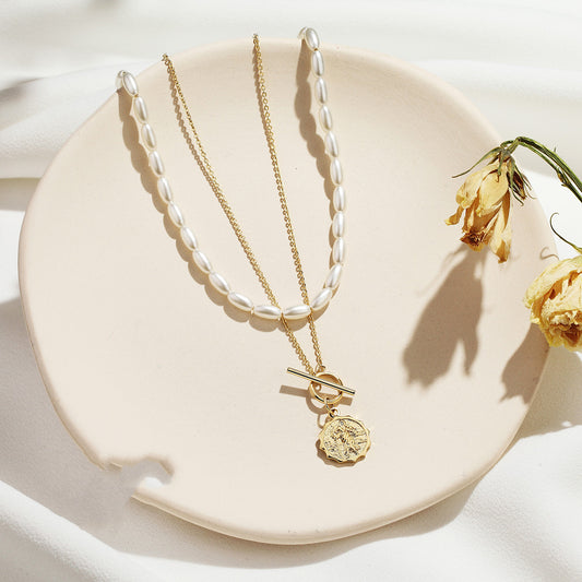 Layered Gold Coin & Pearl Necklace – Vintage Charm Meets Modern Grace Gold French Double Necklace