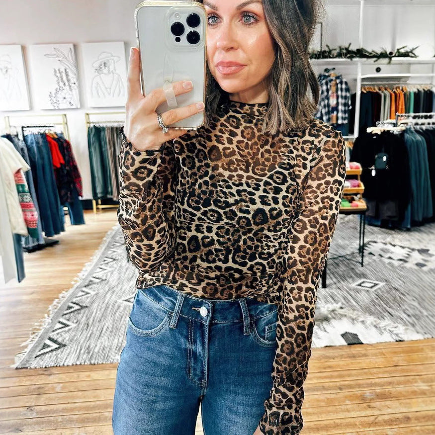 Trendy Leopard Print Mock Neck Long Sleeve Top Mesh Printed Long-sleeved Top Women
