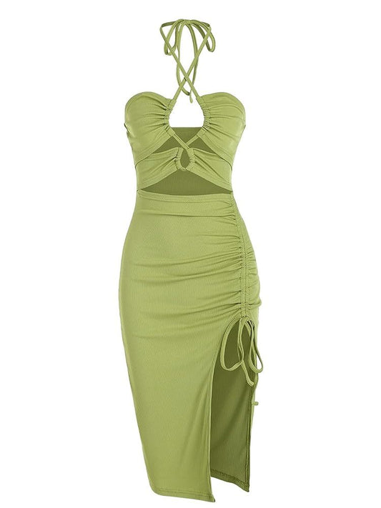 Cut-Out Ruched Bodycon Midi Dress – Sultry & Stylish Partywear Women's Sleeveless Dress Sexy Midi Halter Dresses Criss Cross Cami Women's Dresses Dress For Party